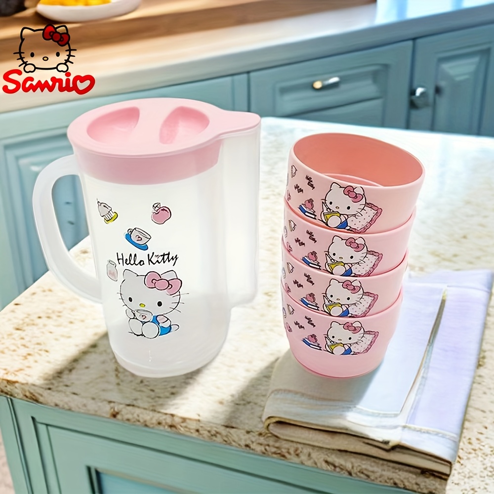 A Set of Outdoor Portable Water Cups And a Kettle Has Been, Featuring a Cute Cartoon for hello kitty Design. It Includes 4 Cups And 1 Kettle, Essential for Picnics And Camping.