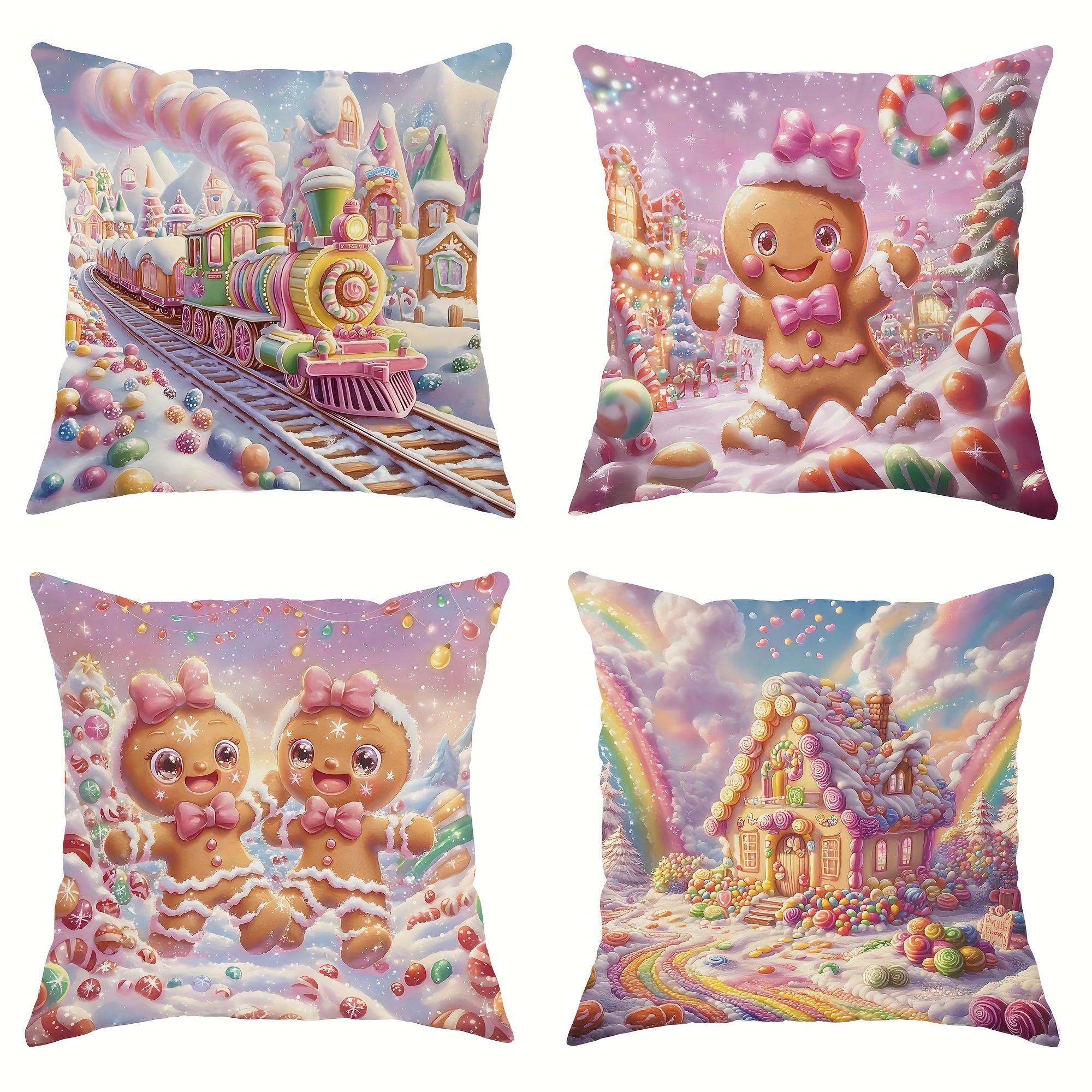 

Contemporary Gingerbread And Candy Print Throw Pillow Covers Set Of 4, 18x18 Inch Zippered Polyester Decorative Pillowcases For Living Room Sofa Bed Decor - Machine Washable, Woven Weave, No Insert