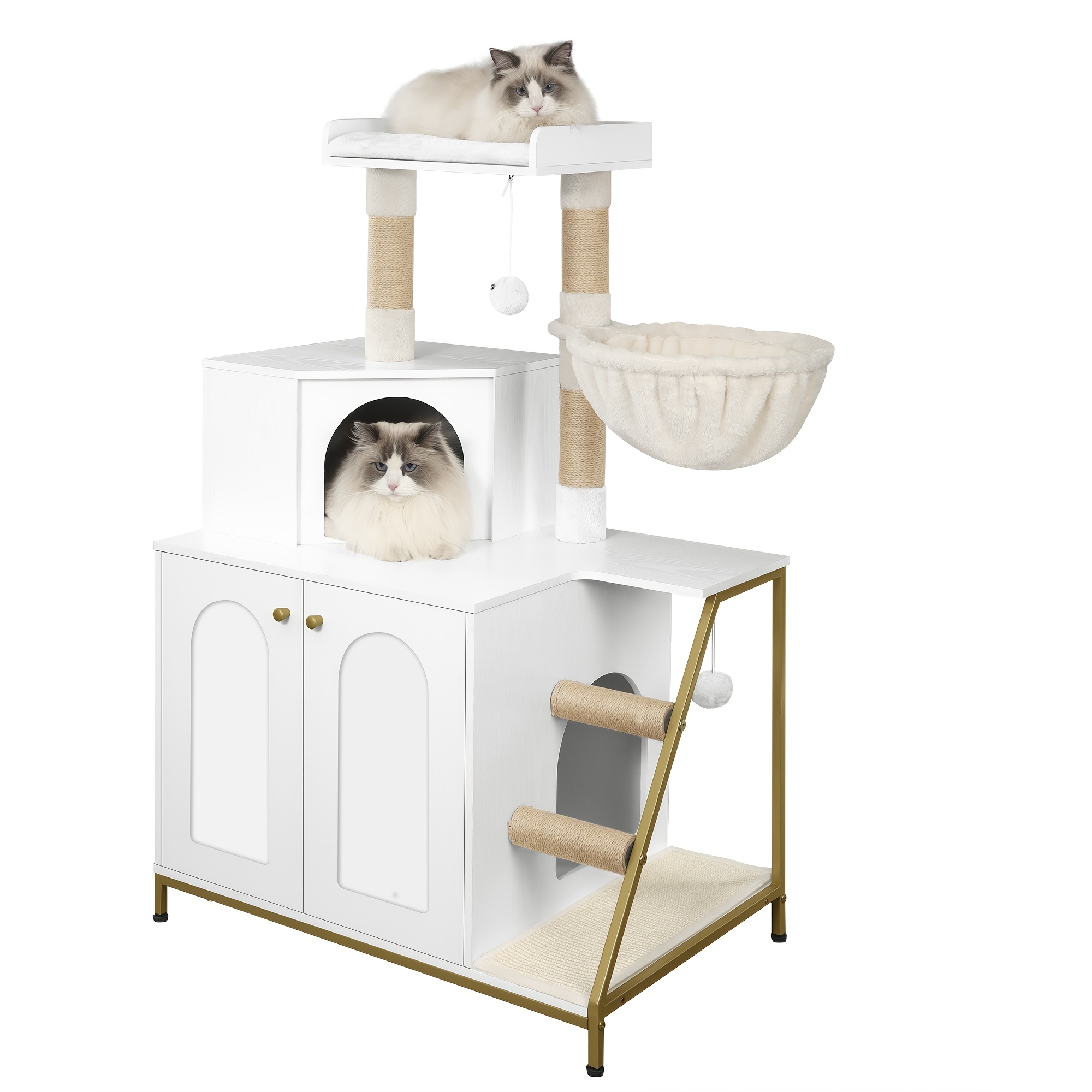 Cat Tree With Litter Box Cabinet, Cat Cabinet, 4-in-1 Modern Cat House With Large Platform, Cat House With Sisal Scratching Mat, Posts, Stairs And Pompom, Washable Cushions, Light Ivory/white
