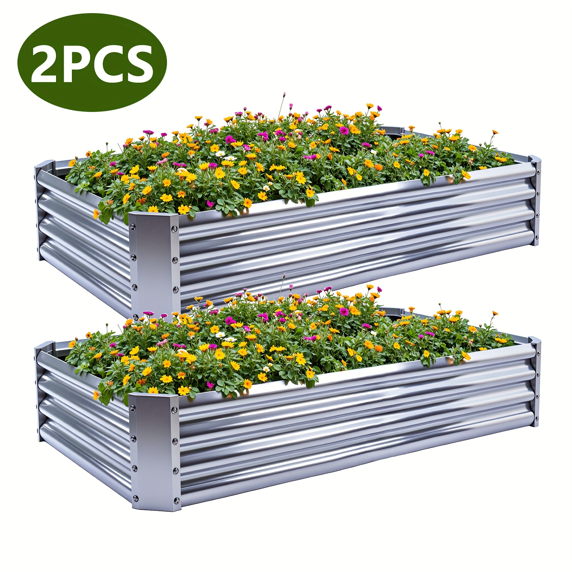 TEMU 2pcs Rectangular Galvanized Metal Raised Garden Beds, 4x3x1ft (120x90x29cm) Silvery Outdoor Planter Boxes For Backyard, Patio, Flower, And Fruit