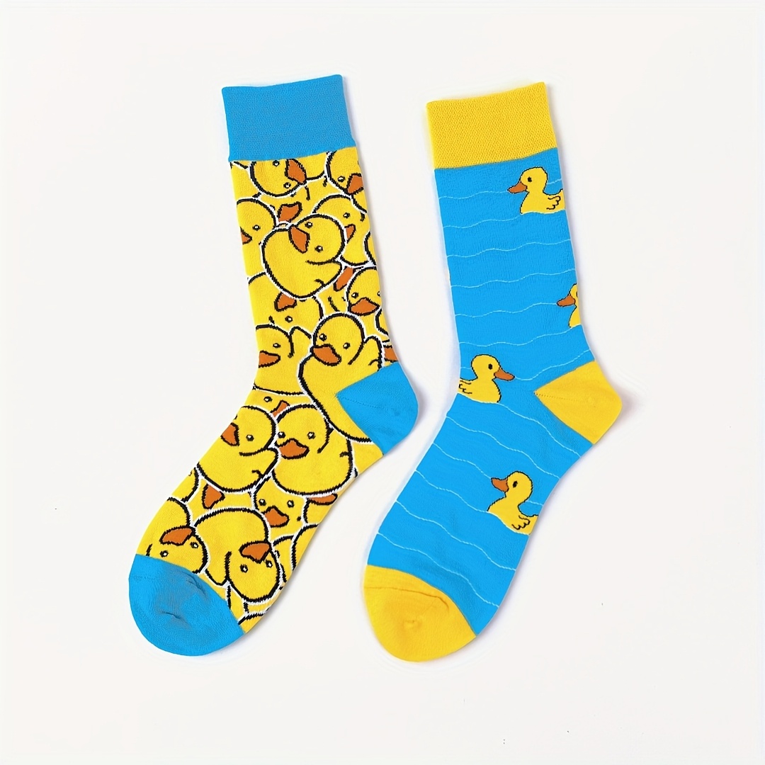 Image of [1 Pair] Yellow Blue Contrast Cartoon Duck Trendy Fashion Men Women Individual Ab Style Mid-calf Socks