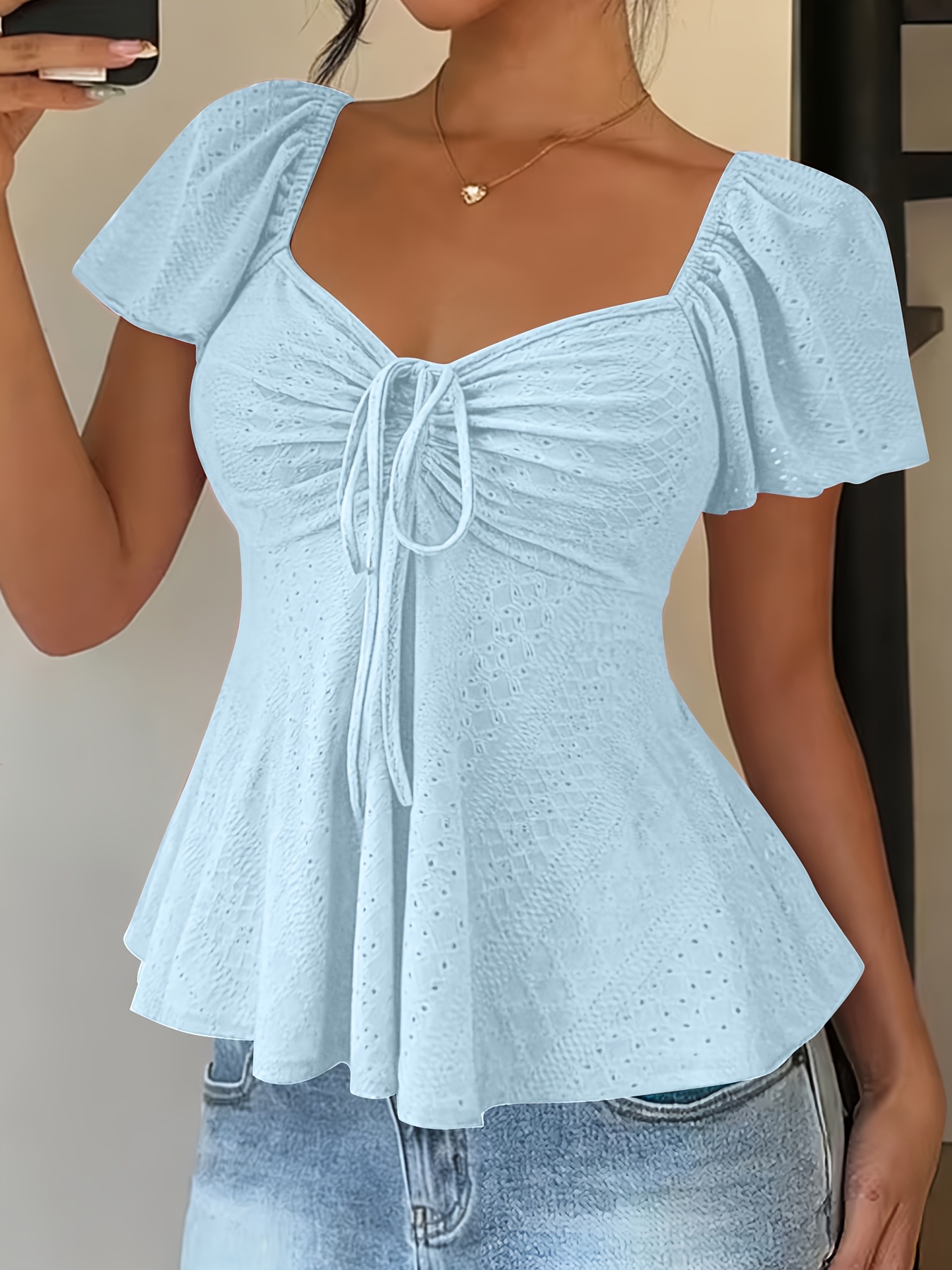 modisches elegantes y2  für frühling/sommer, neuheit, einfarbig, jacquard, bequem atmungsaktiv, mit v-ausschnitt, kordelzug kurzen ärmeln, damen-t-shirt