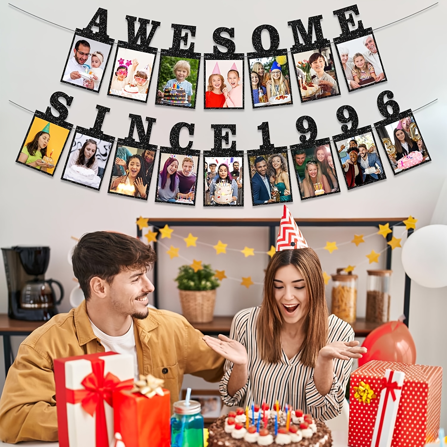 Image of Awesome Photo Banner Birthday Decorations For Her Him - Black Glitter 30th Birthday And Anniversary Decorations Party Supplies For Women Men