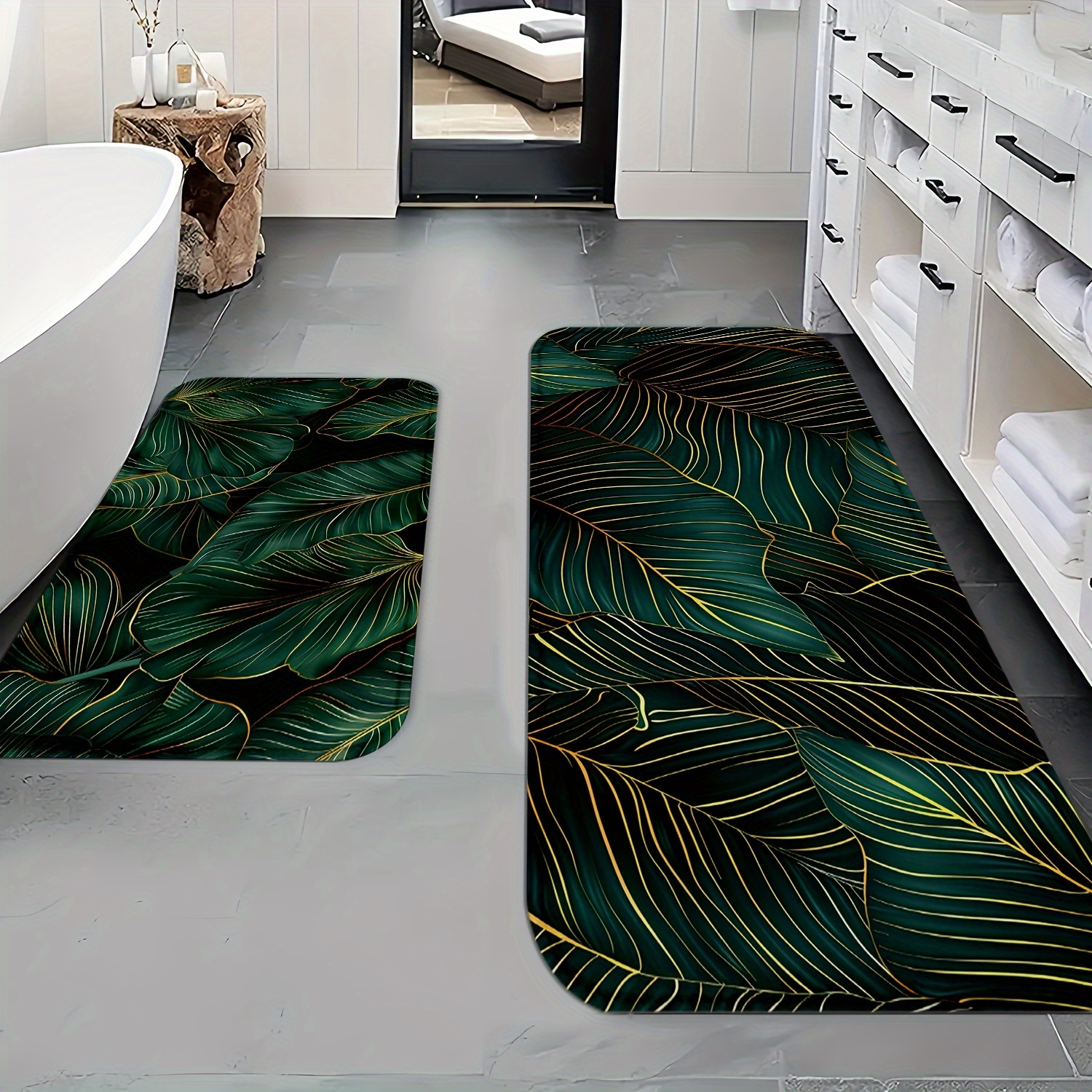 

1pc Green Plant Leaves Pattern Non-slip Bathroom Mat, Soft Machine Washable Polyester Rug For Home Decor And Safety, Doorway Mat Kitchen Mat In Multiple Sizes