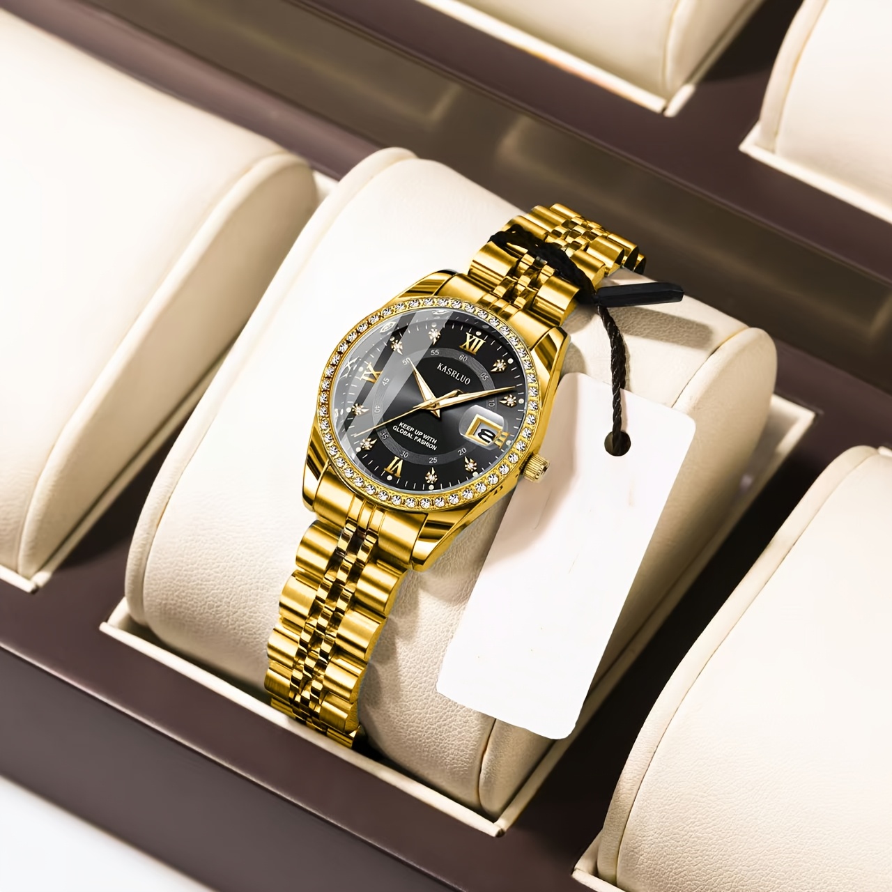 KASRLUO Women's Stainless Steel Quartz Watch with Luminous Rhinestone Date Display, Blue Dial & Golden-Tone Band - Elegant Business Style, Casual Elegance | Elegant Timepiece | Luminous Dial