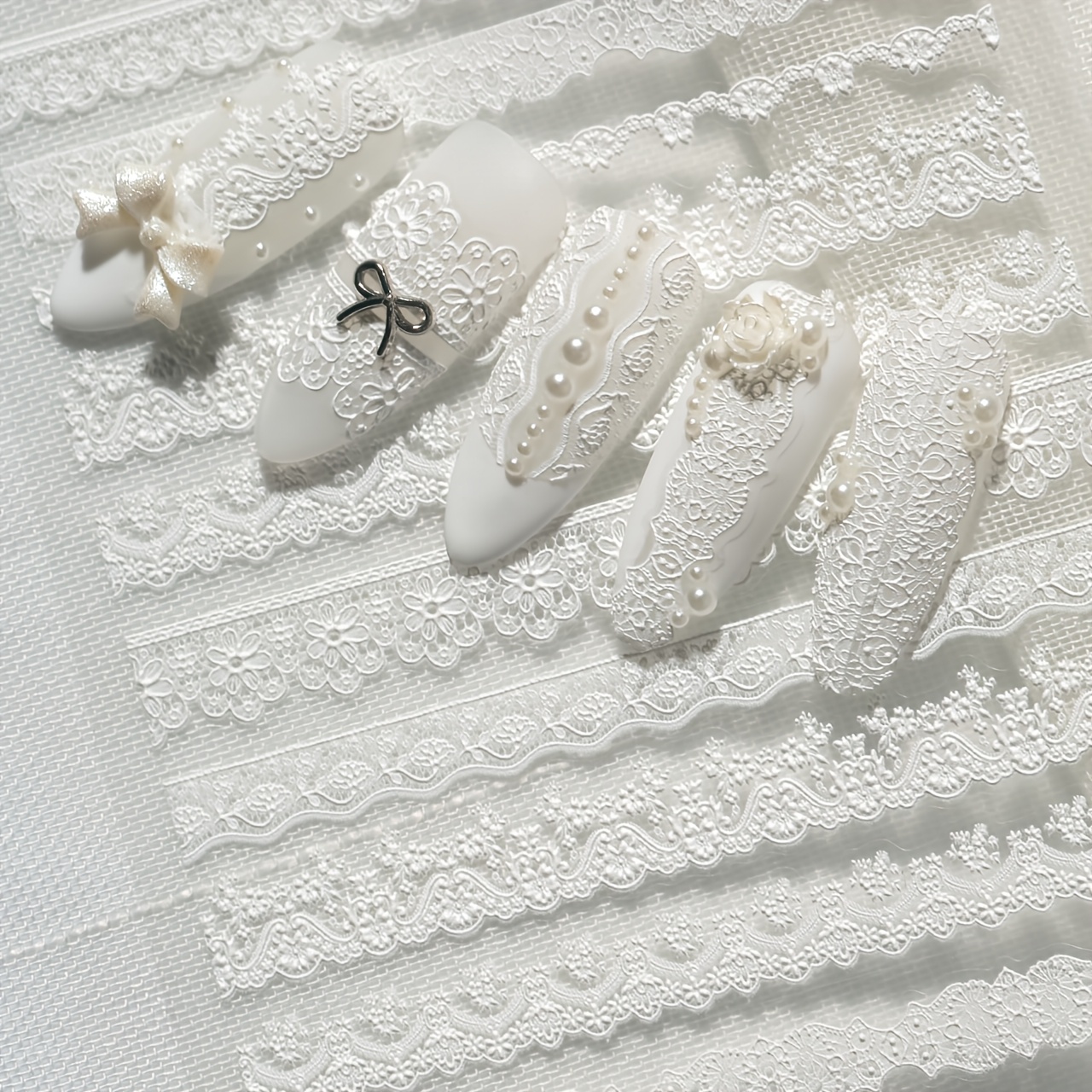 Image of Wedding Nails Art Sticker With Elements For Valentine's , Including Lace Ribbon, Lace Strip, White Vine Flowers, And , Suitable For Personal Diy