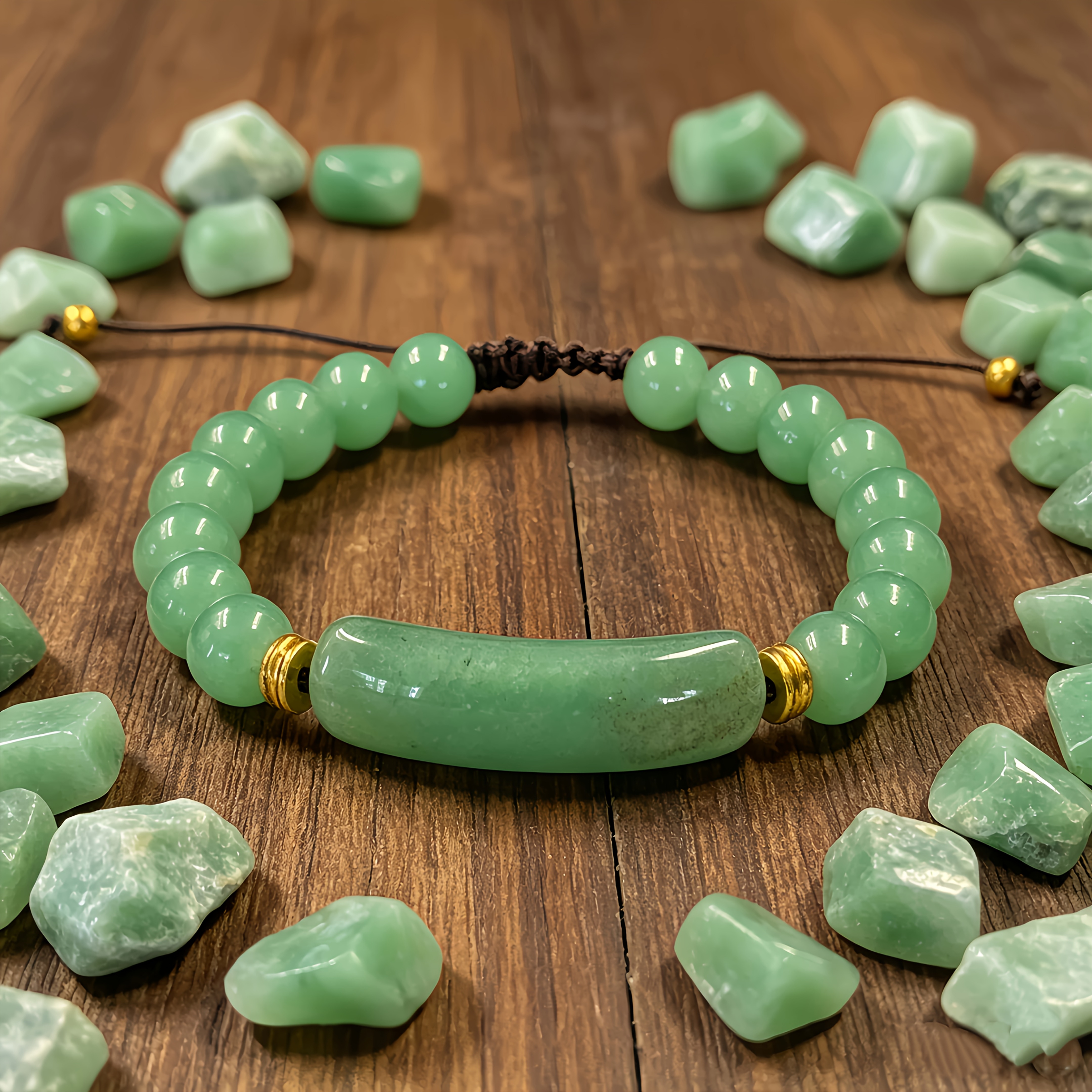 TEMU Aventurine Beaded Adjustable Braided Bracelet, Featuring Curved Stone Beads And Alloy Spacer Beads, Stackable Daily Wrist Accessory Gift For