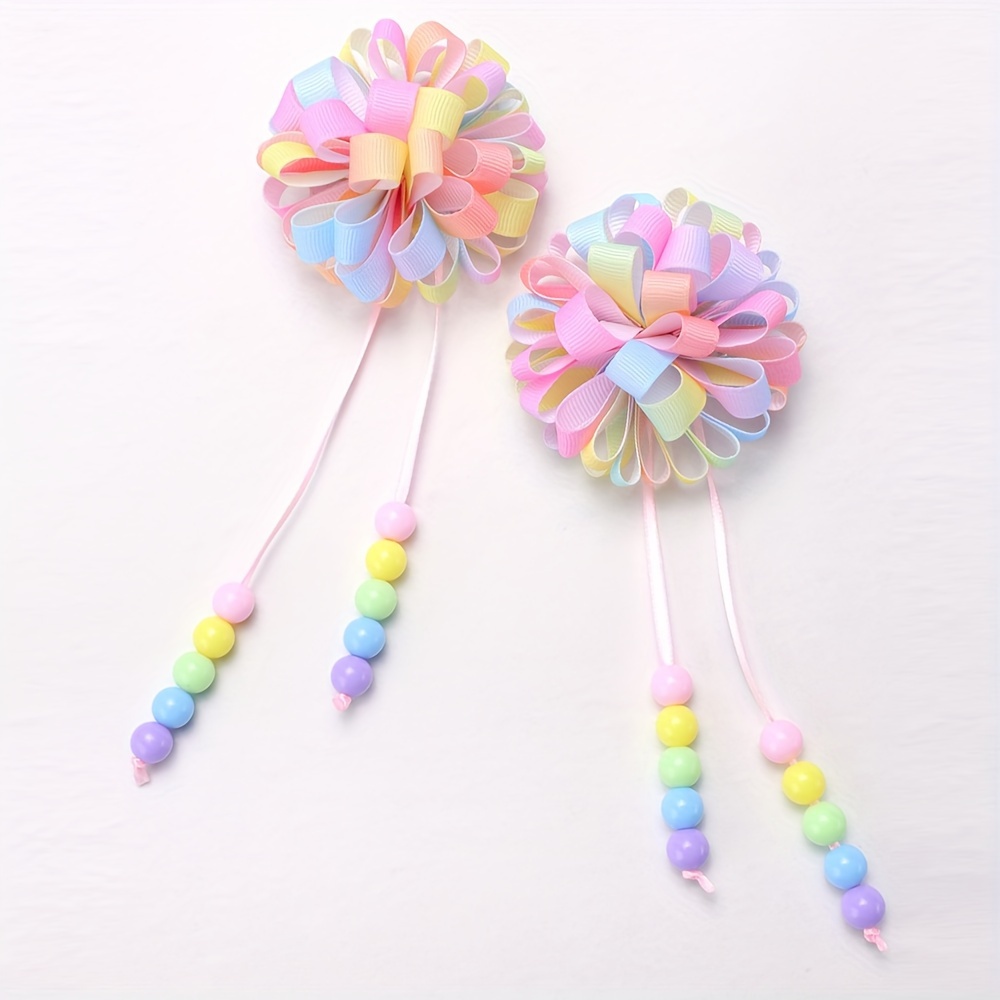 

2pcs Rainbow Hydrangea Hair Clips With Tassels For Girls - Handcrafted Polyester Fiber, Birthdays & Parties