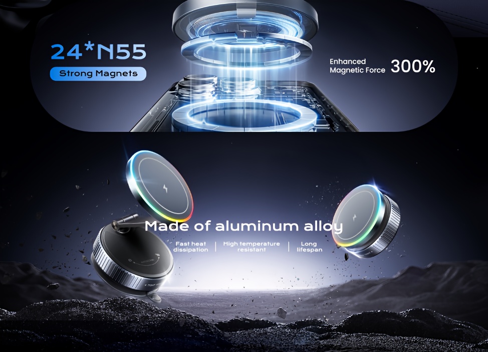 15W Draadloze Oplader Autotelefoonhouder, met Kleurrijke LED-verlichting Uitschuifbare Opvouwbare Magnetische Telefoonhouder voor Auto Dashboard, Snelle Warmteafvoer/Vreemde Voorwerp Detectie/Overlading Bescherming, Compatibel Met Alle Mobiele Telefoons, Kerstcadeau voor Mannen