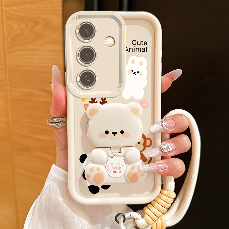 TEMU Phone Case - For Galaxy S26/s24 Fe/s24/s25 Ultra/s25 Plus/s25/s25 Fe/s26 Plus/s26 Ultra Cover Cute Bear With Stand And Lanyard Comfortable Feel