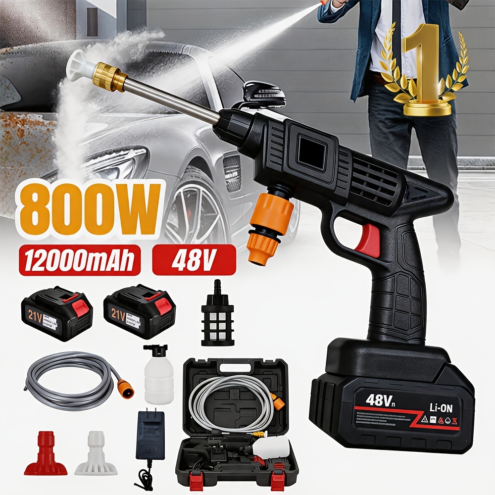 TEMU Pistolet de nettoyeur haute pression fil portable 800 W, équipé de deux batteries rechargeables, d'un tuyau de 5 mètres, d'une buse 6-en-1, d'un