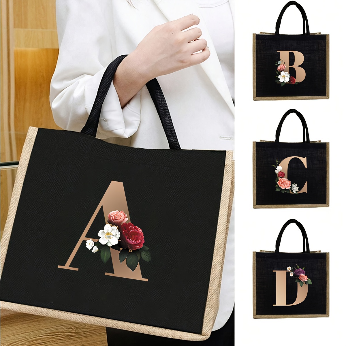 

1pc Personalized Floral Alphabet Tote Bag, Casual Handbag With Positioning Printing, Elegant Monogrammed Large Capacity Cosmetic Travel Storage Bag With Closure And Painted