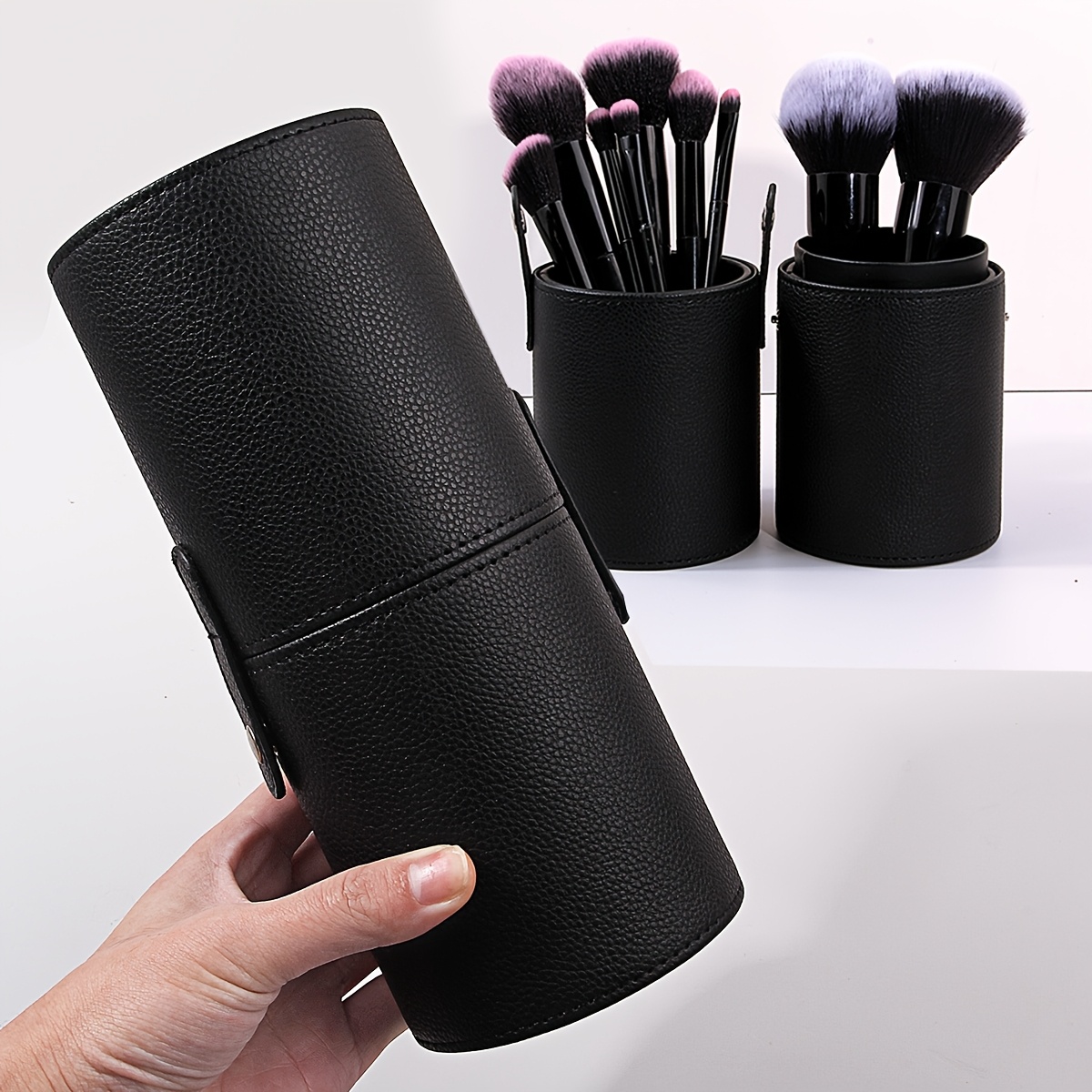 organizador de brochas de maquillaje de gran capacidad   de cuero sintético   – almacenamiento cosmético portátil con cierre de cremallera y varios compartimentos para brochas y accesorios de belleza