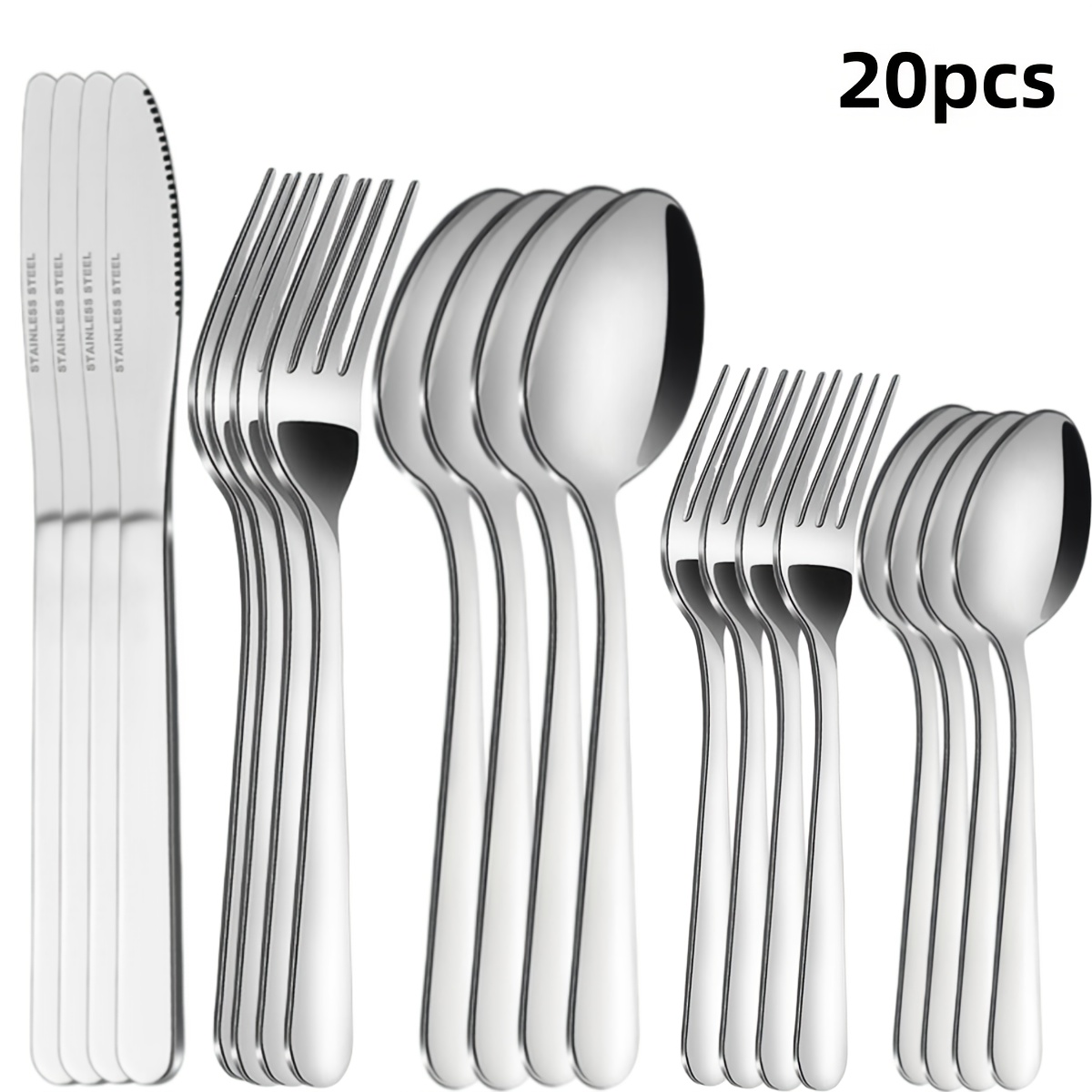 TEMU Ensemble de vaisselle en acier inoxydable 20 pièces, ustensiles occidentaux au design moderne, fournitures de restaurant et de dîner comprenant