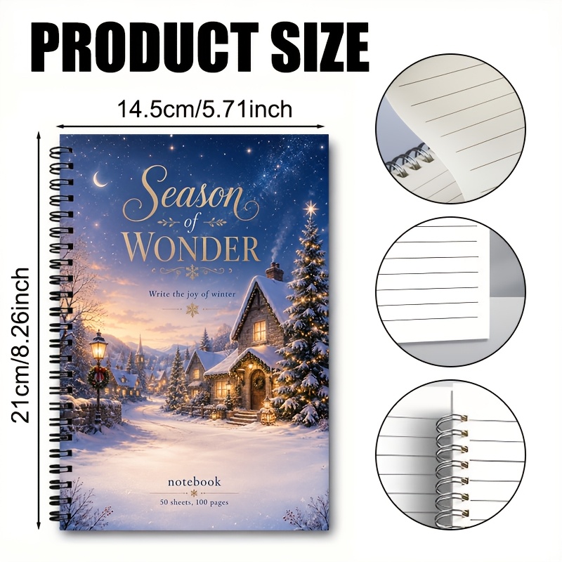 TEMU Winter Countryside Coil Notebook, Romantic Starry Town Journal, Lined Inner Pages Diary, Portable Writing Record Book, Suitable For Student
