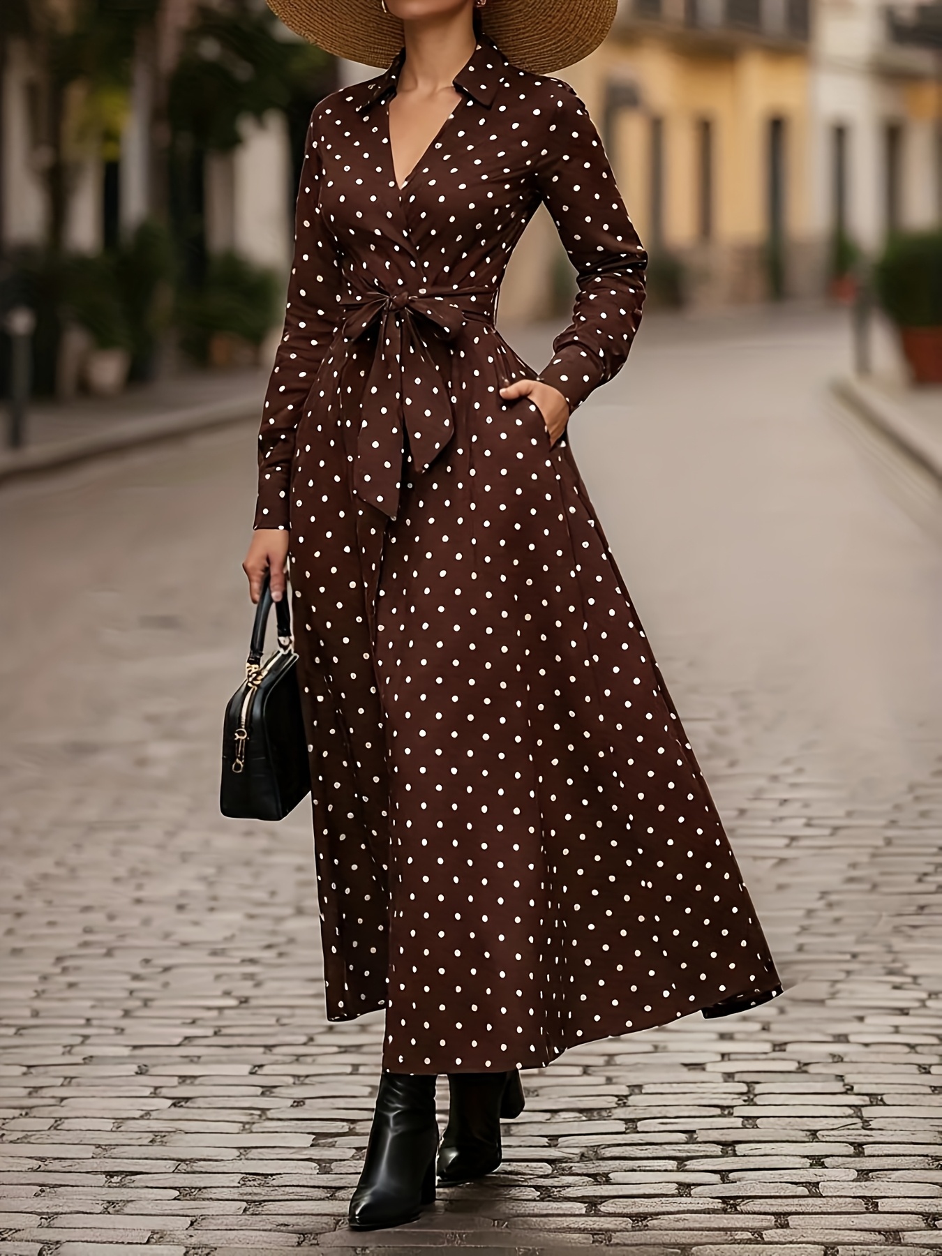 retro french polka dot long sleeve dress brown base white - Temu Oman