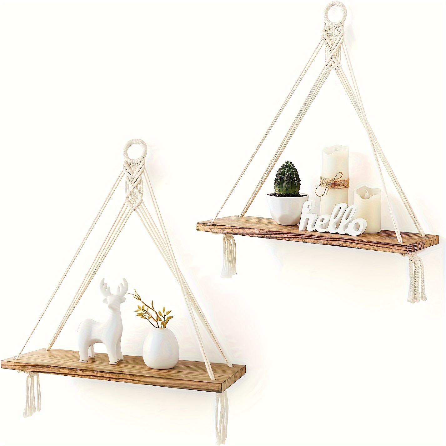 

Boho Style Macrame Floating Shelves - Set Of 2 Rustic Wood Hanging Wall Shelves For Living Room, Bedroom, Bathroom, Nursery, Dorm - Decorative Storage Display Shelf With Hook For Plant, Photo Display