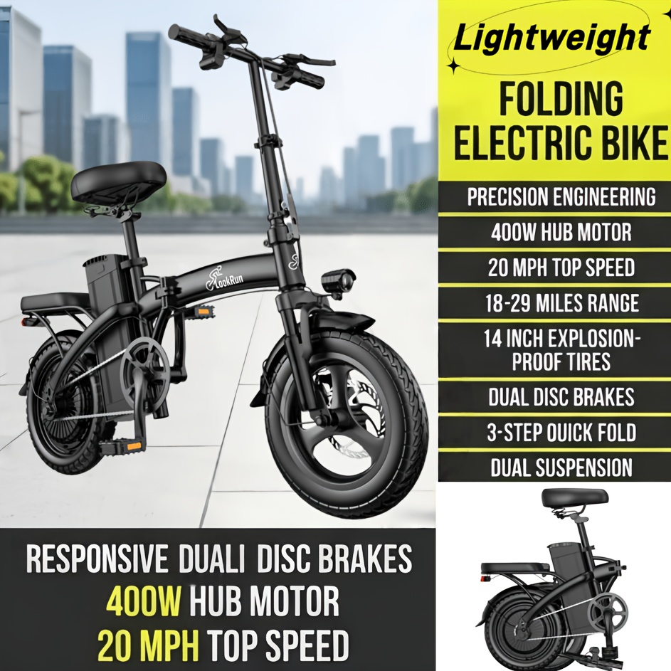 folding electric bicycle   motor 14 inch vacuum high quality tires speed 20mph   brakes   folding front and rear suspension front and rear lights portable design reduces travel         trunk