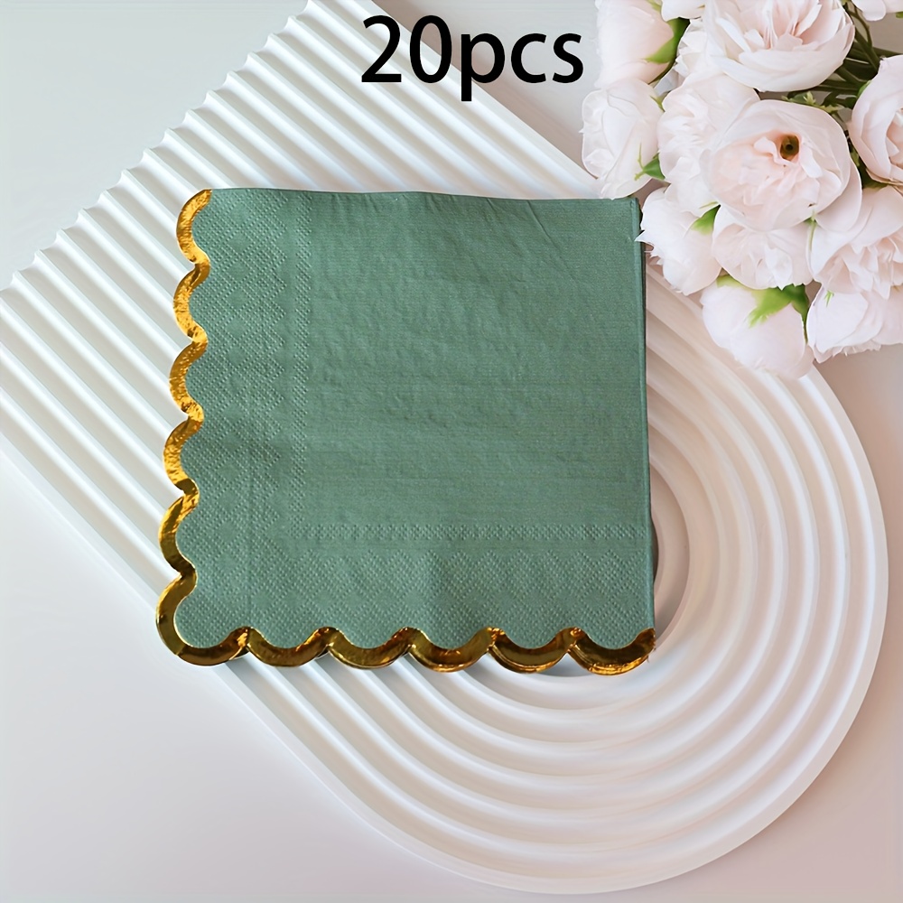 E-shop 20 Stück/40 Stück/60 Stück, Salbeigrüne Gekräuselte Serviette mit Goldfolienrand, Dicke Einweg-Serviette, Party-Serviette für Hochzeit,