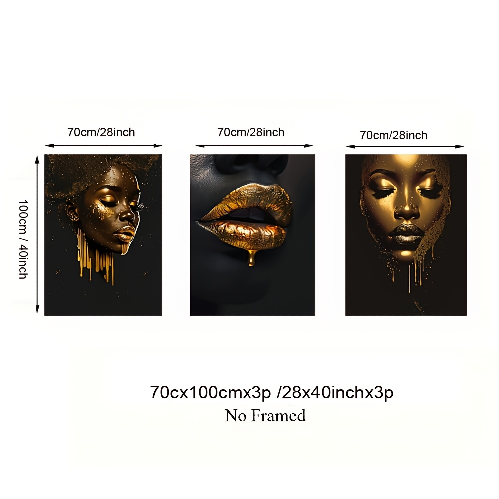 TEMU 2d Flat, 2d Flat 3pcs Chic African Woman Canvas Art Set - Golden And Black Portraits With Lips, Modern Wall Decor For Living Room, Bedroom, Home