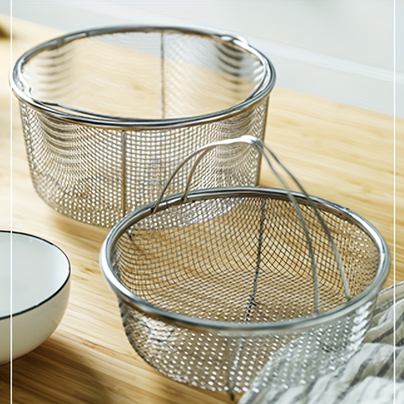 1pc stainless steel mesh basket multifunctional steaming rack steamer insert with handle versatile strainer for frying boiling vegetable washing with tripod base compatible for kitchen accessory