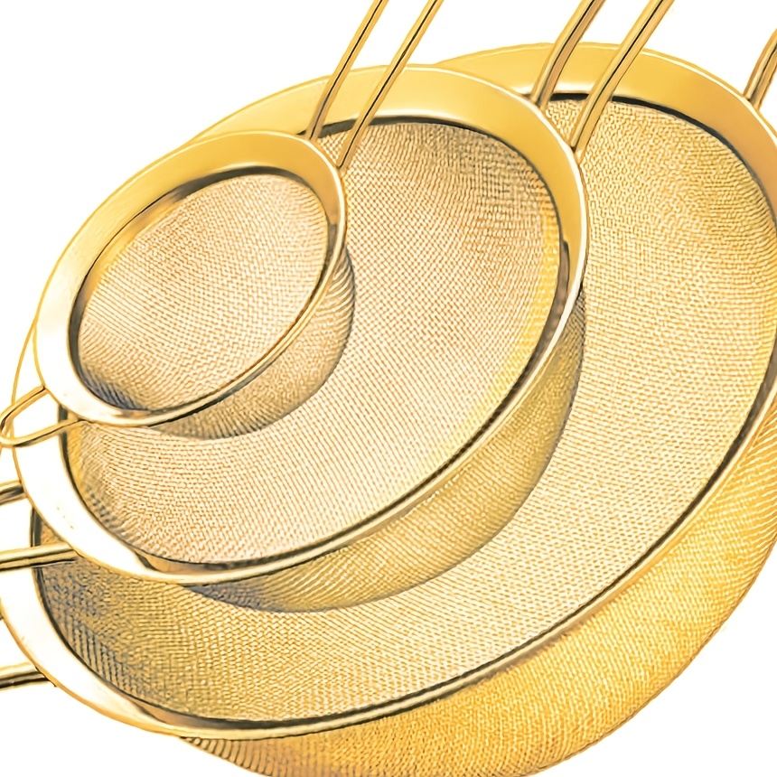 TEMU 3pcs Golden Stainless Steel Fine Mesh Filter Set, High- Water And Oil Strainer, Suitable For Washing Beans, Vegetables, And Fruits, Separating