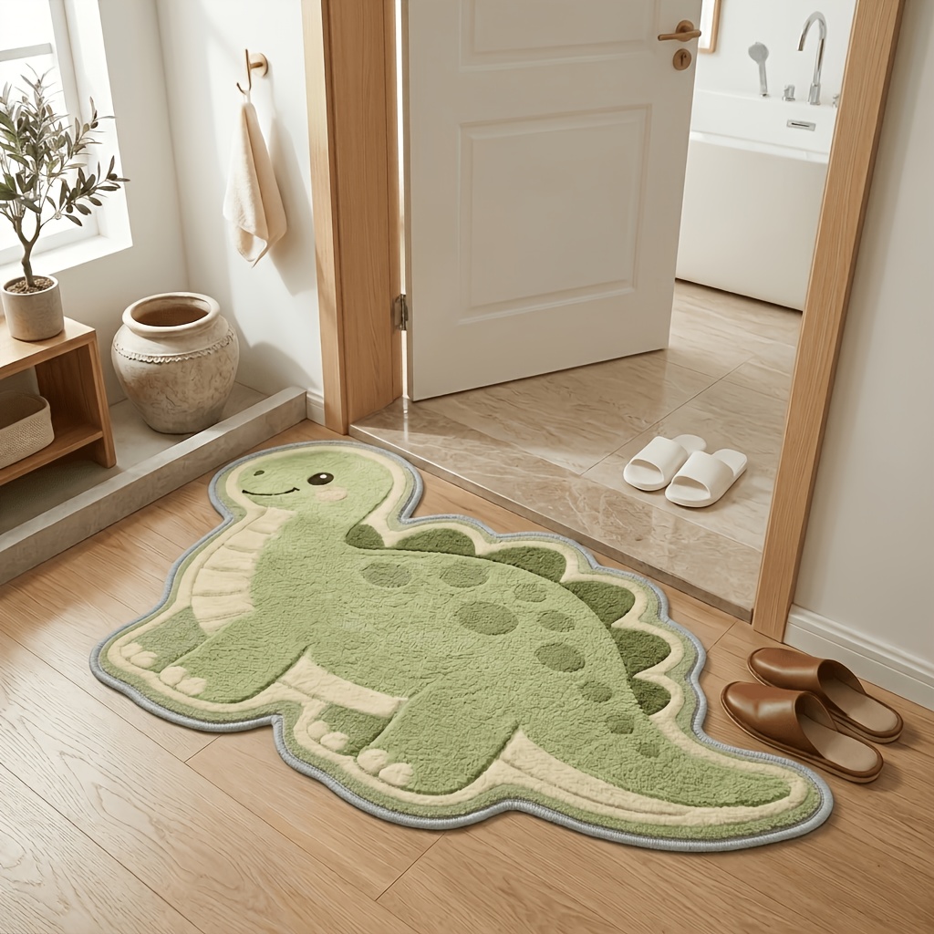 TEMU 1pc Bathroom Non-slip Mat, Soft And Washable Floor Pad With 2d Embroidery, Green Dinosaur Patterned Carpet, Soft And Washable Floor Mat,