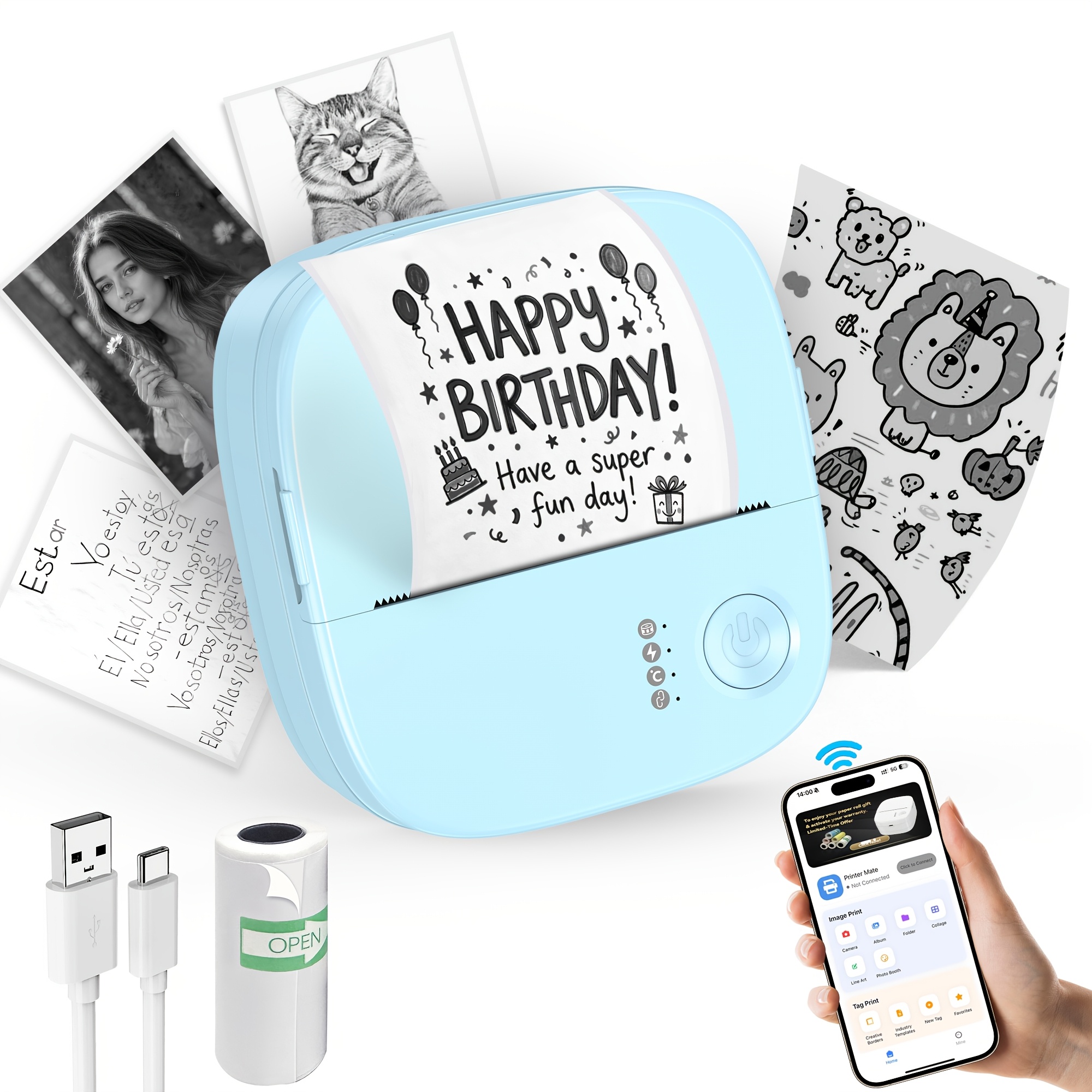 Mini Printer, Portable Thermal Printer, Pocket Printer, Compatible With Ios/ Devices, Ink-free, Comes With A Roll Of Paper, Ideal For Photos, Diy Projects, And Notes
