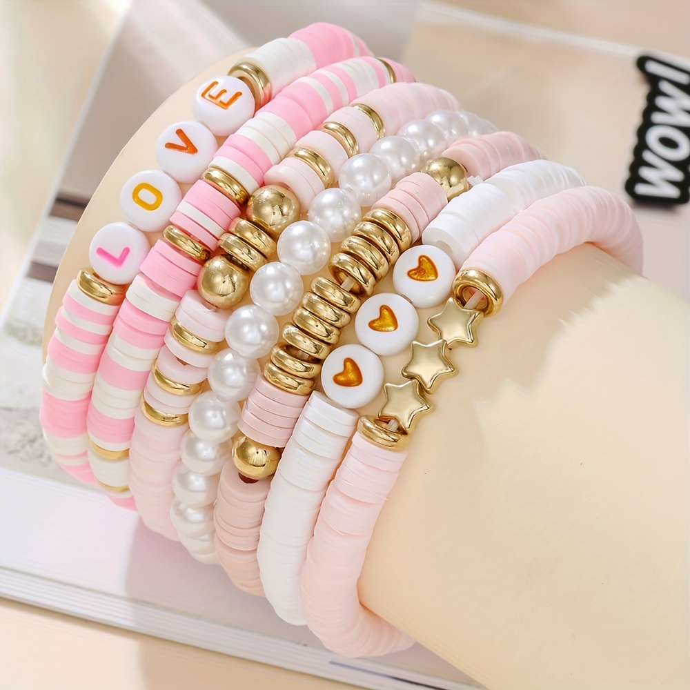 TEMU Set Of 7pcs, Featuring Elegant And Letter Soft Clay Couple Bracelets (letter Colors Are Random), Suitable For Women' Wear, Perfect As A Valentine's Gift For Or For Festive Occasions