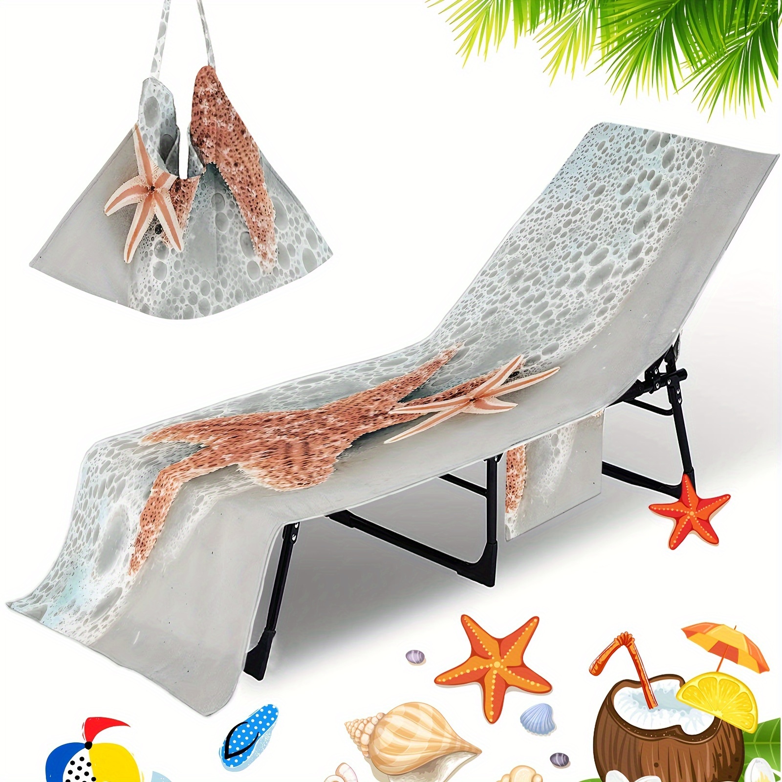 TEMU 1pc Starfish Pattern Beach Chair Cover, Microfiber Quick Drying Towel Pool Chair Cover, Beach Towel Chair Cover With Pocket, Vacation