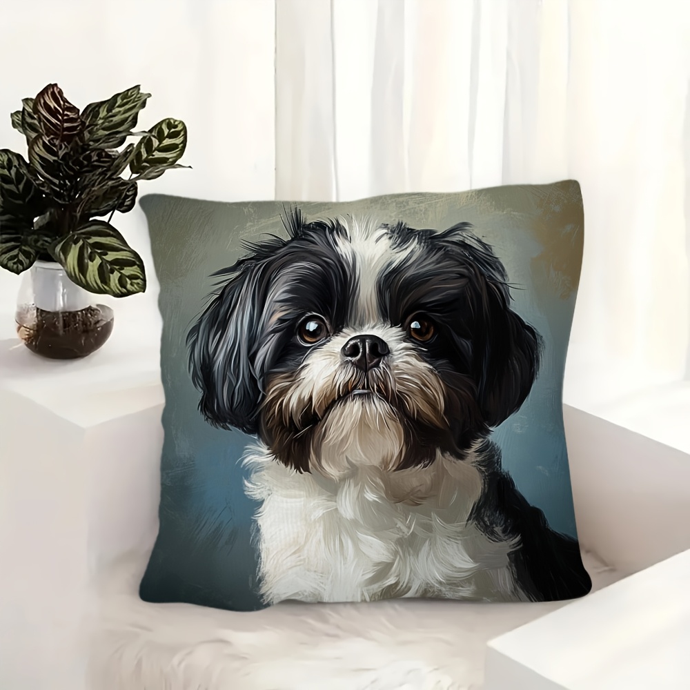 1pc 2d flat printing non real embroidery cute shih tzu dog double sided printed short plush pillow cover suitable for sofa living room bedroom no pillow corelkj1654 Product details 4