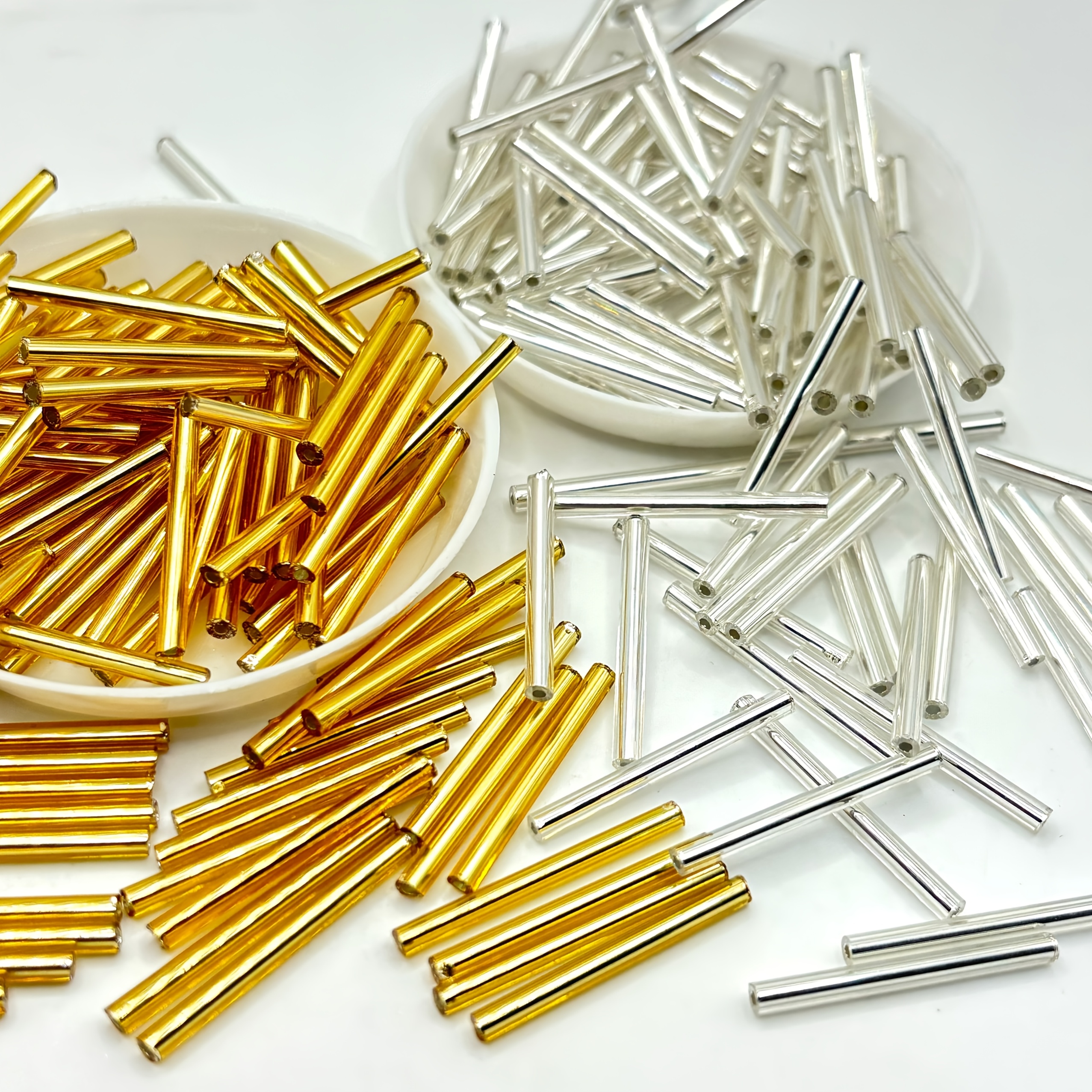 TEMU A Pack Of 30 Grams, About 80 Golden Silvery Czech Glass Beads, 3*25mm Cylindrical Tube Pad Beads, Very Suitable For Jewelry Making, Bracelets,