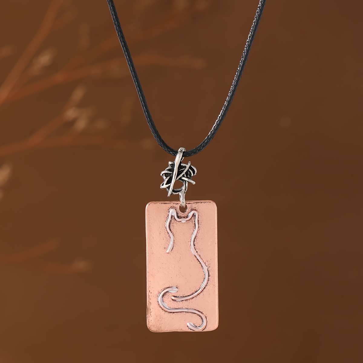 TEMU Retro Style Distressed Animal Silhouette Cat Square Pendant Black Cord Women's Necklace Suitable For Parties Gatherings Daily Accessory