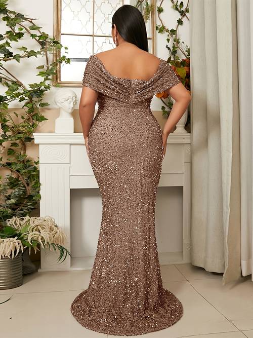 plus size womens plus size off the shoulder sequin mermaid dress elegant sparkling long formal party gown with high neckline year round evening wear shimmering fabric curvy women special occasion hand washable attire