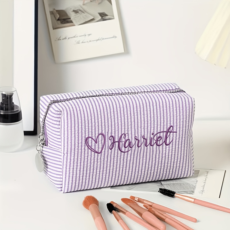 TEMU Custom Embroidered Cosmetic And Toiletry Bag With Heart And Name, A Lightweight And Spacious Zippered Travel Makeup Pouch And Toiletry Case,