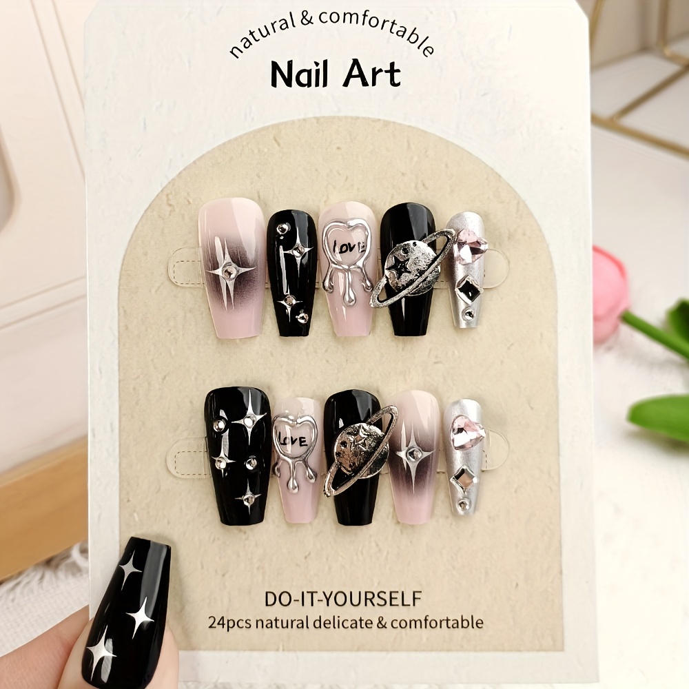 

24-piece Set Of Handmade Acrylic Press-on Nails - Long Oval, Black & Pink Gradient With Rhinestone Accents, Glossy Finish, Reusable False Nails For Women