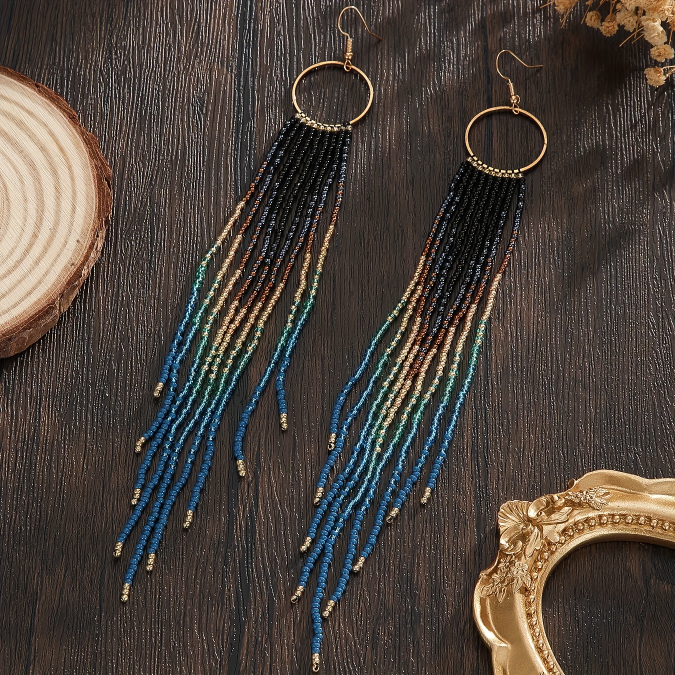 Bohemian Handmade Beaded Earrings, Black to Blue Gradient Tassel