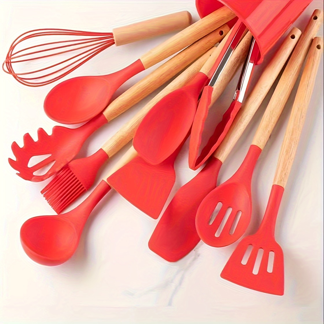  Juego de utensilios de cocina, 12 utensilios de cocina de  silicona, resistentes al calor de 446 °F, mango de madera con soporte para  utensilios de cocina antiadherentes (gris: verde) : Hogar