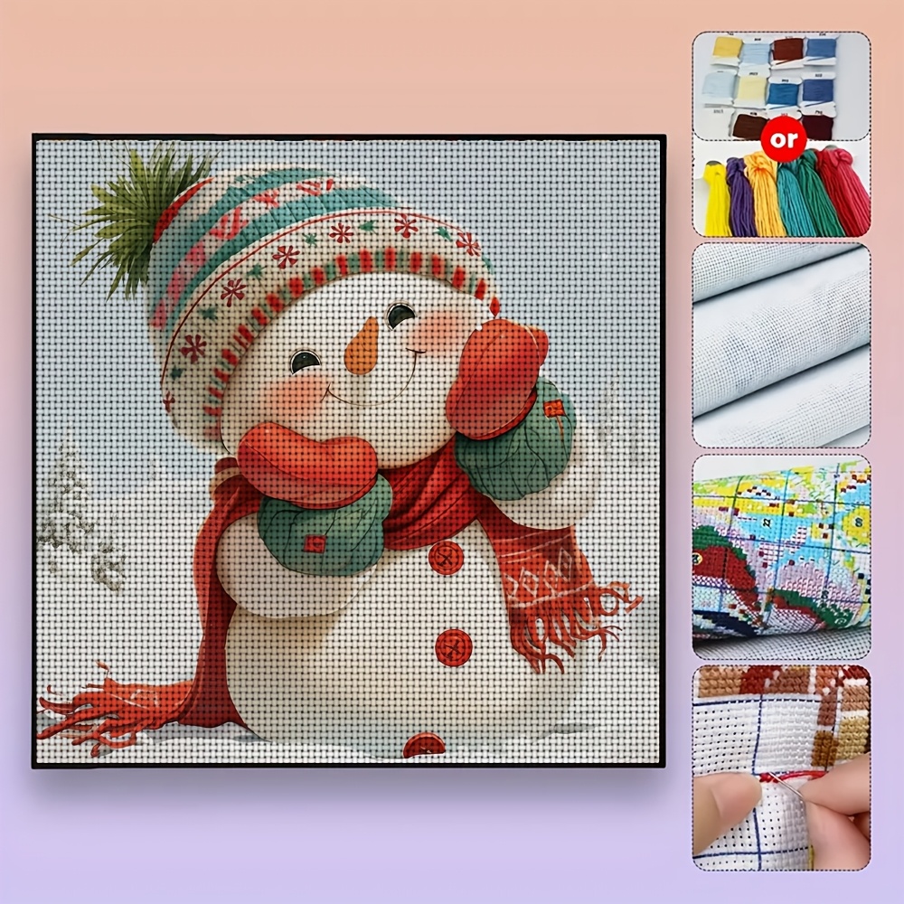 DIY Cross-Stitch Printed Kit, Snowman Wearing Colorful Hat and Scarf Pattern