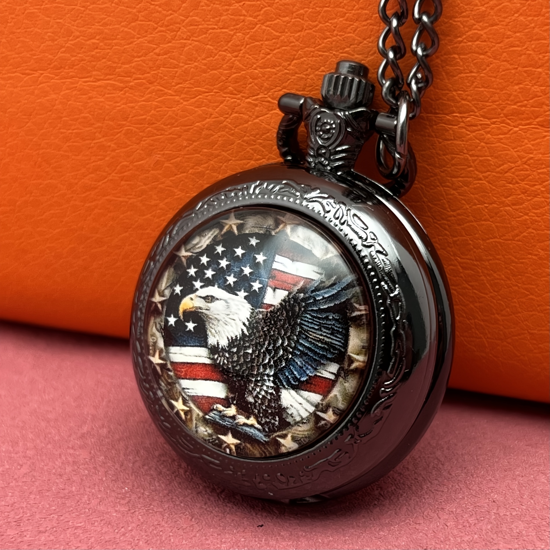 TEMU Patriotic Eagle Pocket Watch Necklace - Black Stainless Steel Quartz Movement, American With Eagle Head , Non-waterproof, Unisex Accessory For