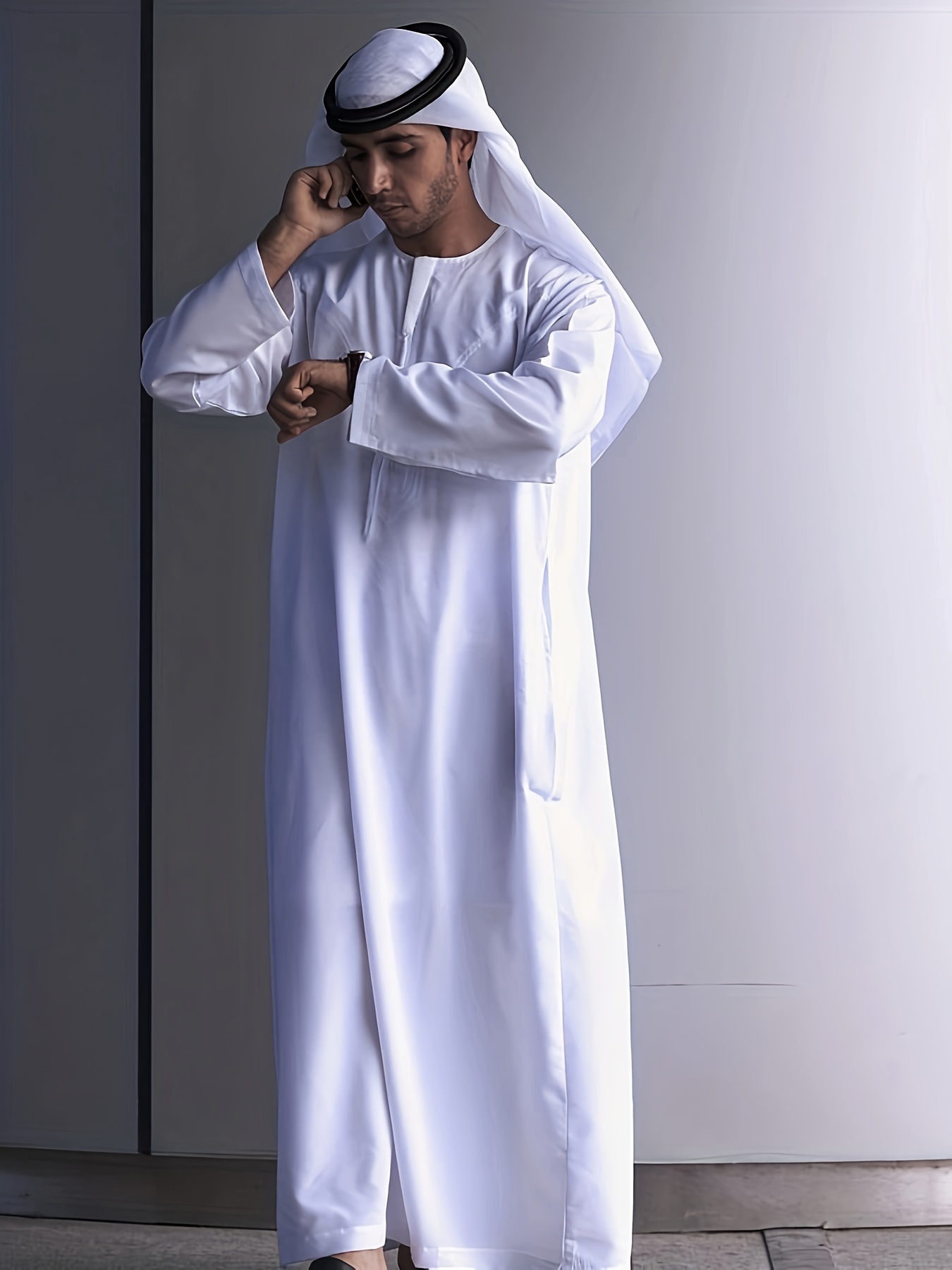 Men's Solid Crew Neck Long Sleeve Thobe Arabic Clothing - Temu