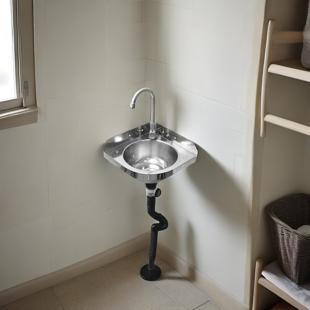 Image of A Triangular Stainless Steel Sink Designed For Single-slot Kitchens, Easy To And , Perfectly Fits Into Wall Corners, Ideal For Use In Kitchens, Garages, Gardens, And Rvs