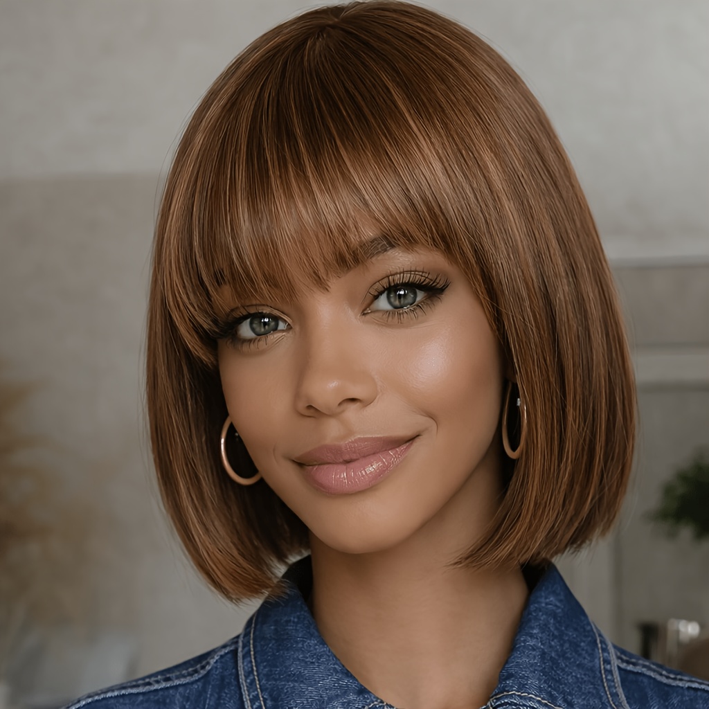 Image of Women's Straight Bob Wig With Bangs 8 Inch Full Machine Made Cap Density Brown Color Breathable Comfortable Wig For Daily Travel Cosplay Festival Gathering