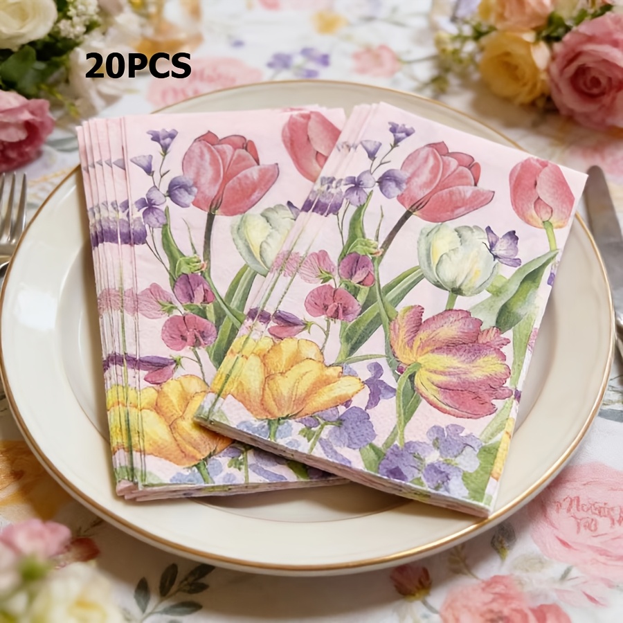 TEMU 16/20pcs Of Watercolor-printed Tulip-themed Napkins, Featuring Floral And Designs. Suitable For Use As Table Decorations During Mother's Day,