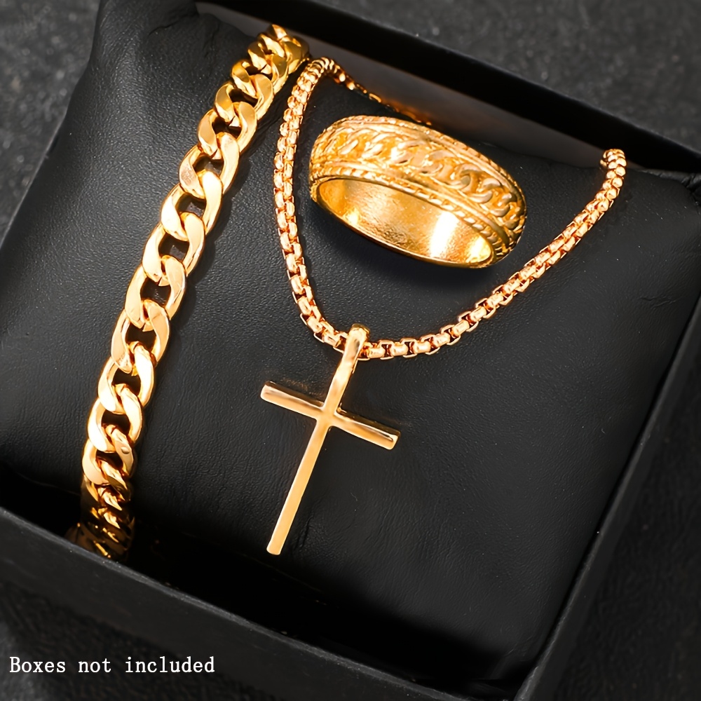 Image of 3pcs Men's Fashion Hip Hop Cross Jewelry Set, Necklace, Ring, Bracelet Give Him Christmas Gift