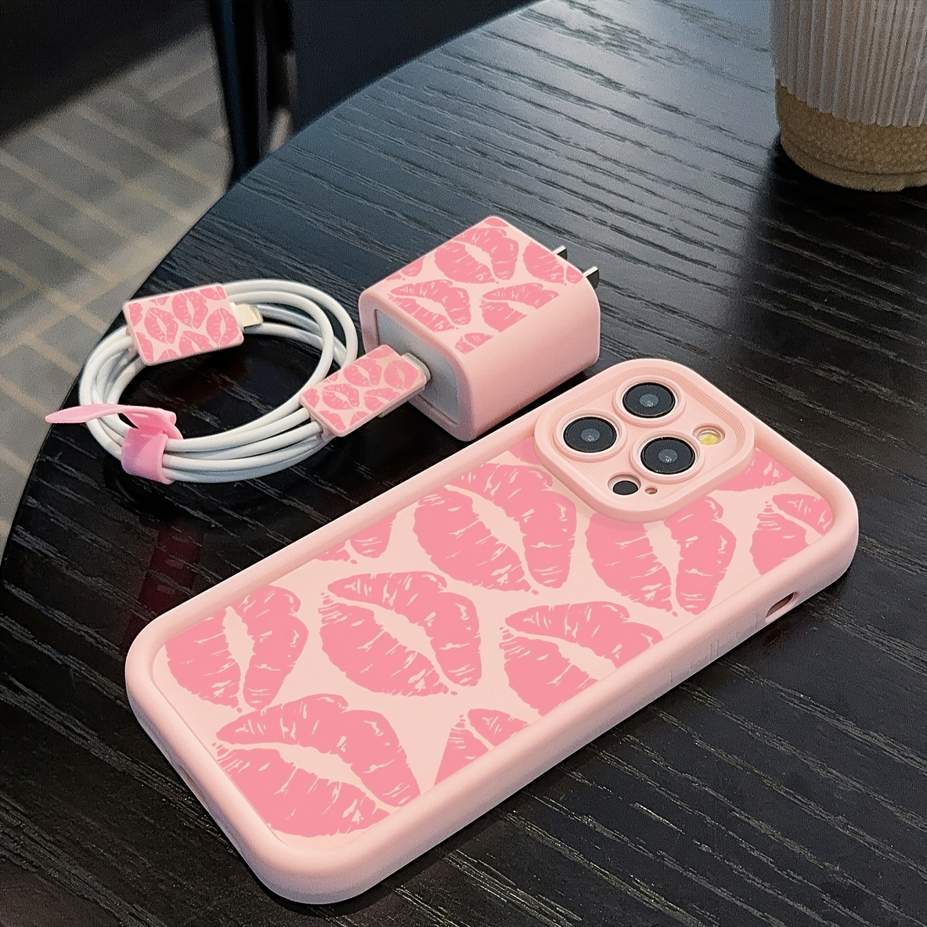 5pcs set of colorful heart-shaped pink mobile phone cases + data cable protective cases, compatible with Apple fast charging cables, suitable for iPhone11/12/12promax/13/13promax/14/14pro/14plus/14promax/15/15pro/16/16plus/16promax/16pro/15promax protective set