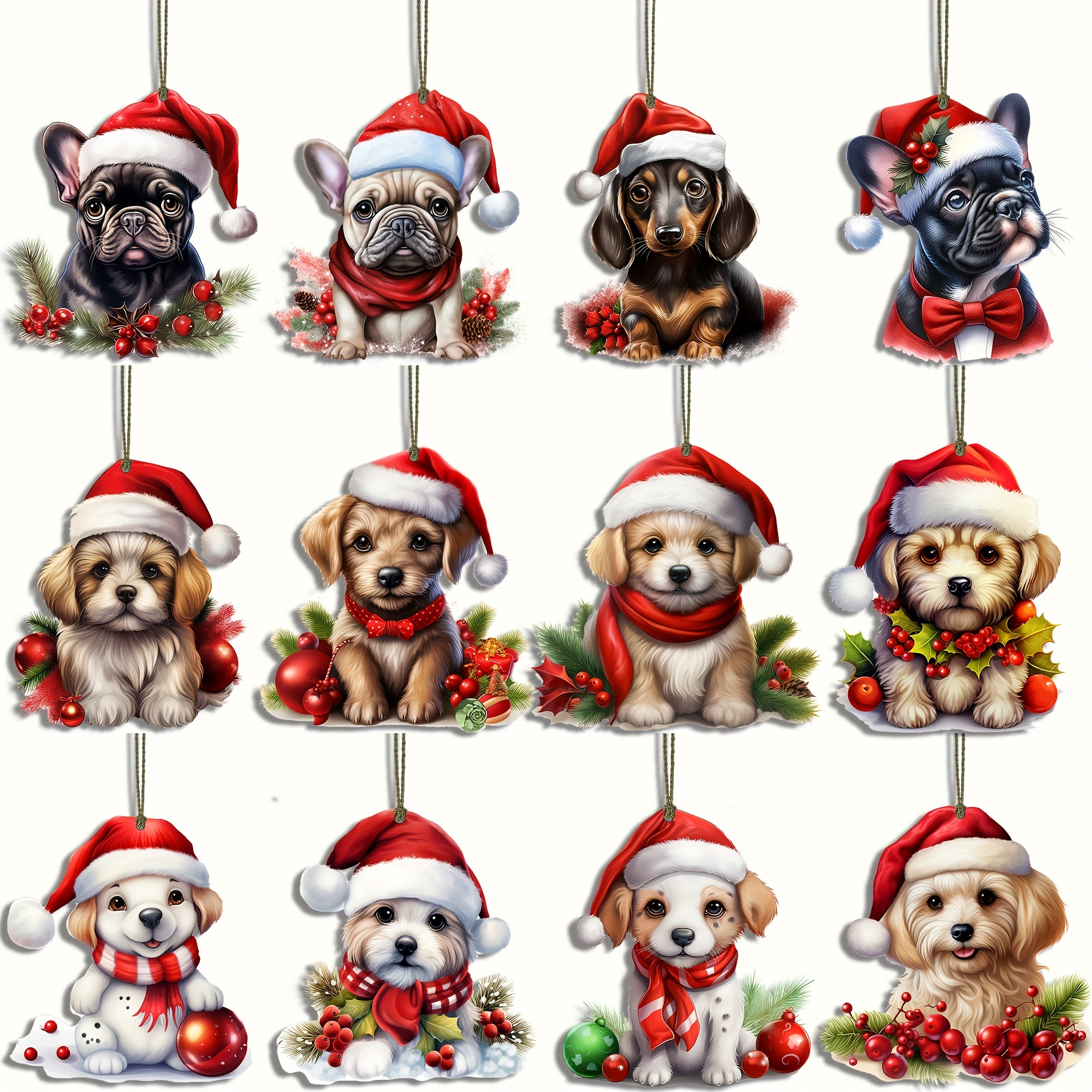 

12pcs Christmas Dog Ornaments Set - Handcrafted Wooden Hanging Decorations For , Perfect Gift Idea