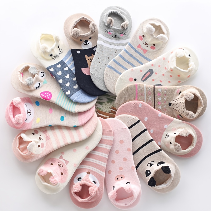 TEMU 6 paires de chaussettes invisibles doublées pour femme, motif aléatoire avec petites boucles d'oreilles à rayures mignonnes, chaussettes courtes