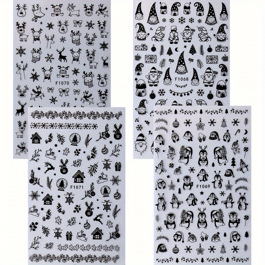 Image of 4 Sheets Of Winter Snowflake Nail Stickers - Christmas Reindeer, Santa Claus, Christmas Penguin, Christmas House Nail Decals - Easy To Apply - F1068-1071