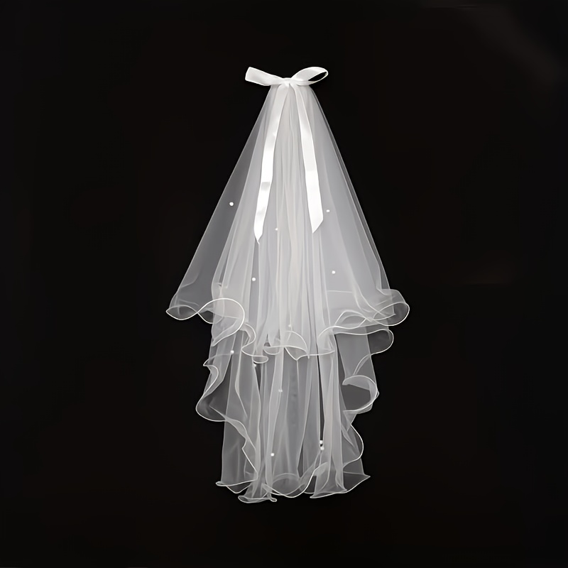 TEMU Beaded, Fashionable, Elegant, And Cute, High-quality Veil With A Bow At The Hem, Wedding Ceremony, Banquet, Forest-themed Small Veil,